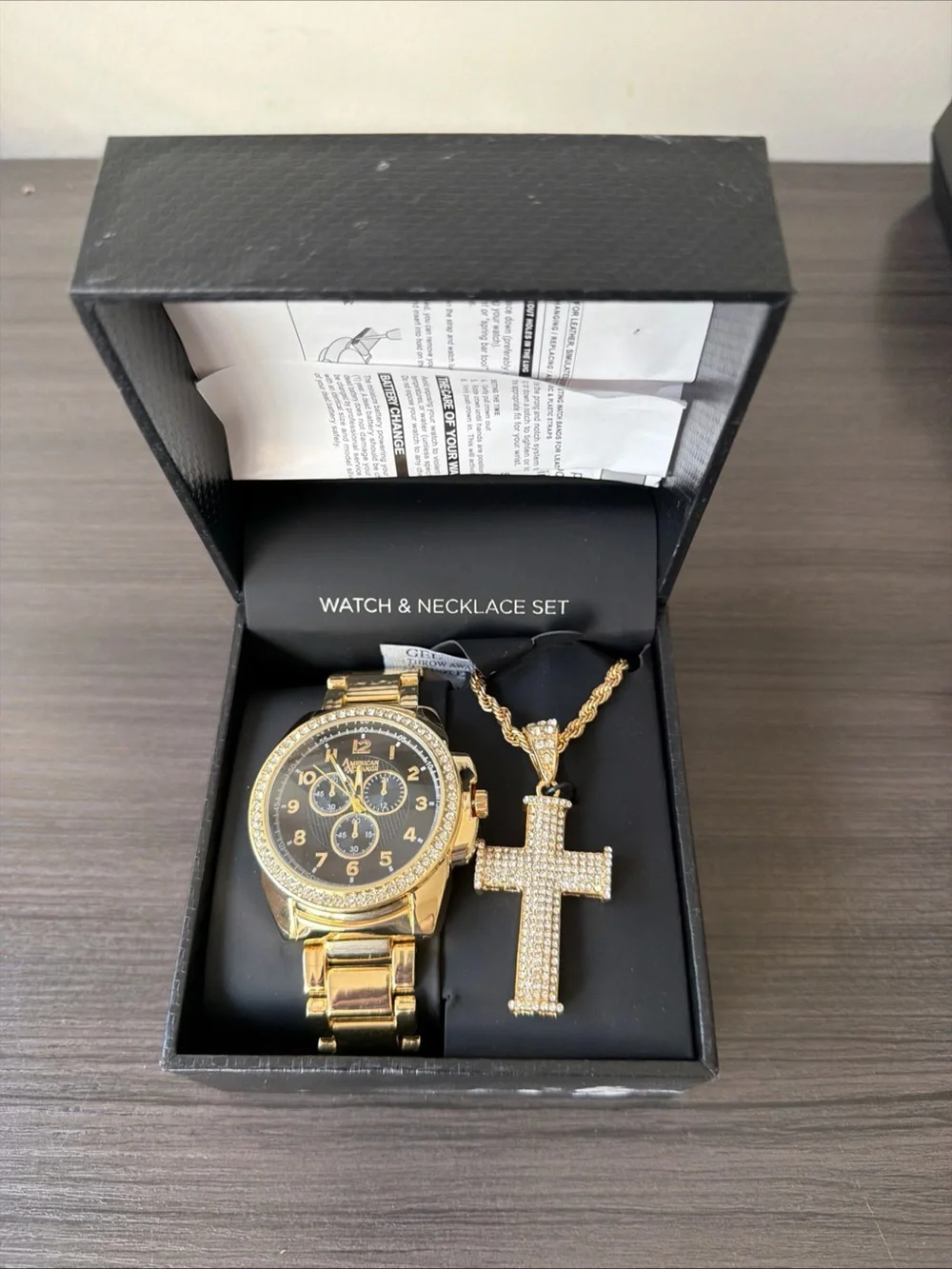 ⁠American Exchange Men Gold Tone Watch Necklace Set Iced Out Crystal Cross Box